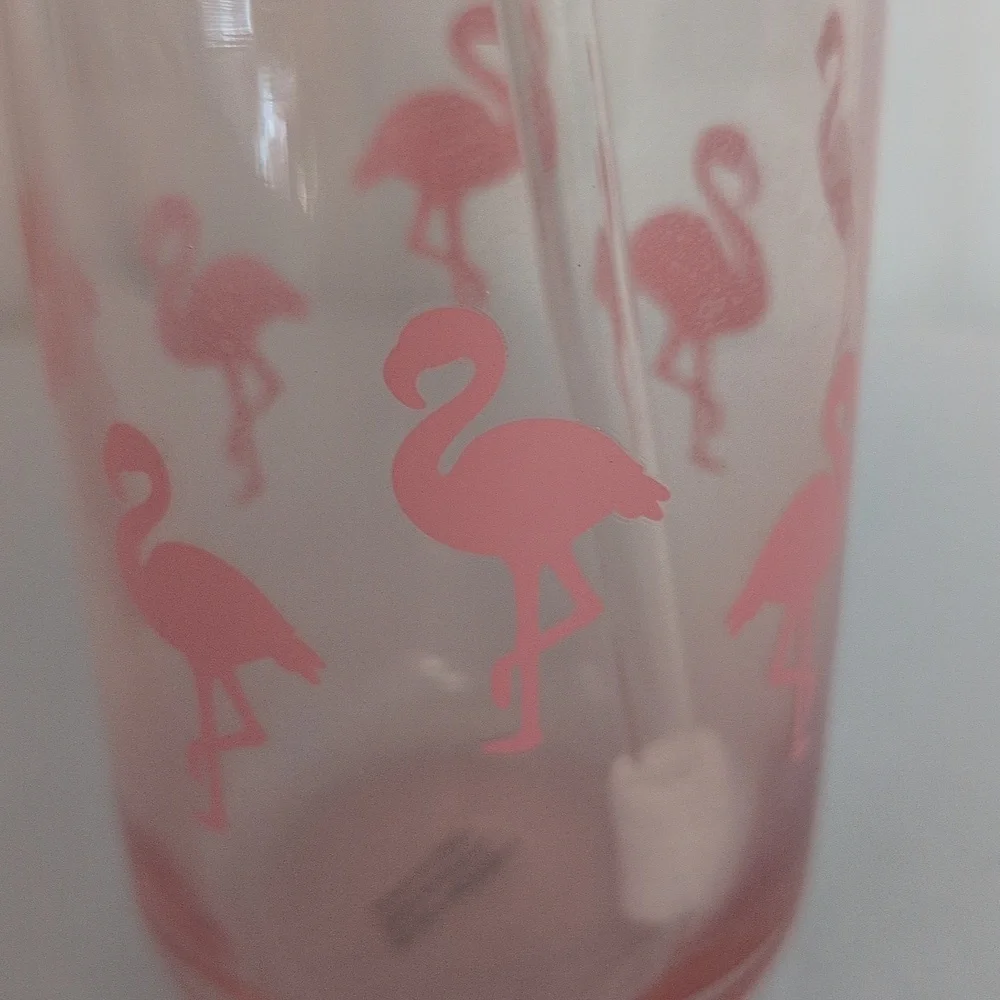 Flamingo Glass Tumbler with Straw Set Of 2 16oz. Each NWOT